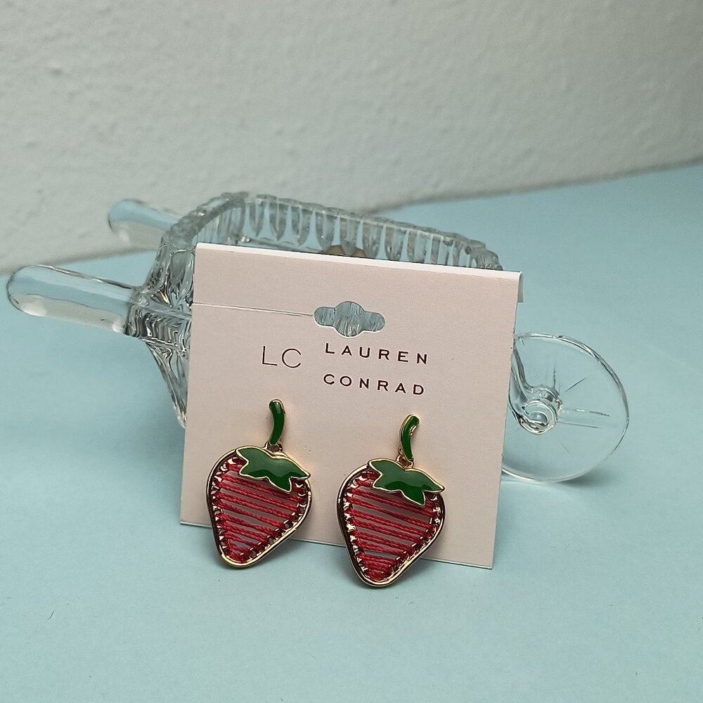 LC Strawberry Drop Pierced Earrings Gold Tone Threaded